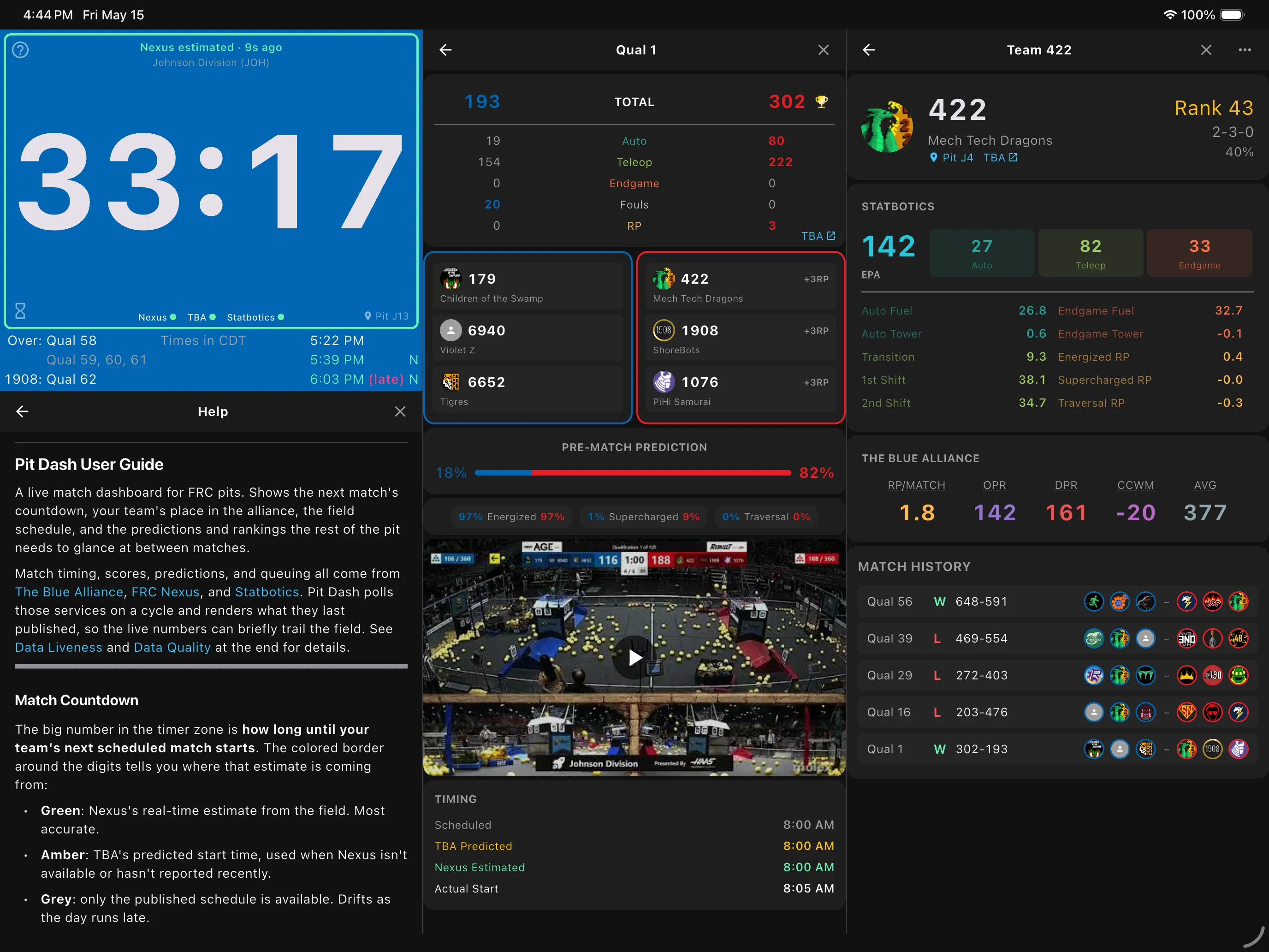 iPad multi-pane layout: match detail with score breakdown and win-probability bar alongside team detail