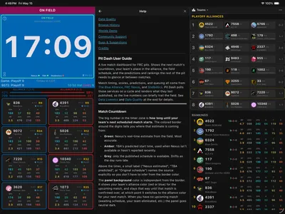 iPad multi-pane layout during playoffs: pit screen, help guide, and playoff alliances with rankings