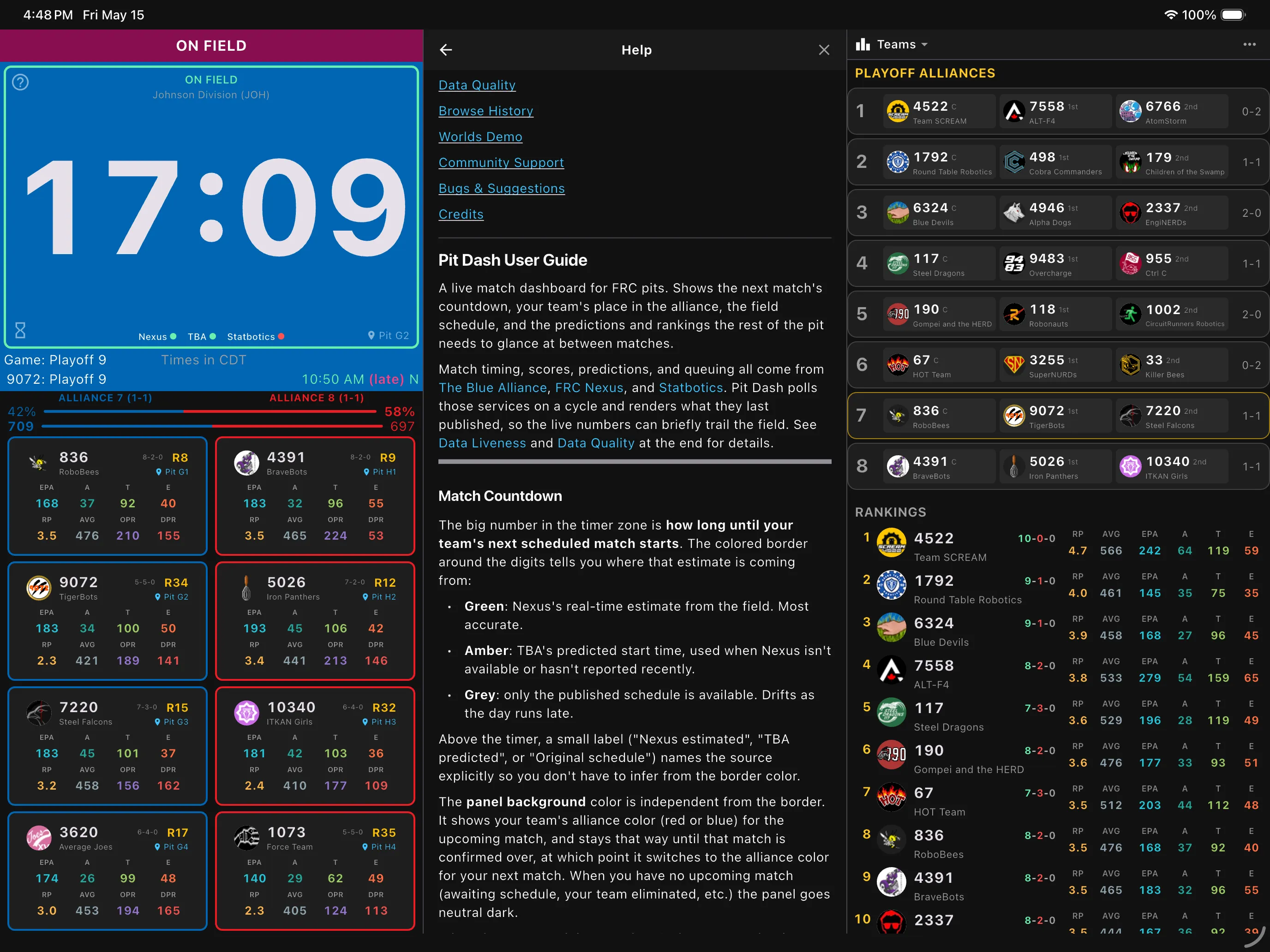 iPad multi-pane layout during playoffs: pit screen, help guide, and playoff alliances with rankings