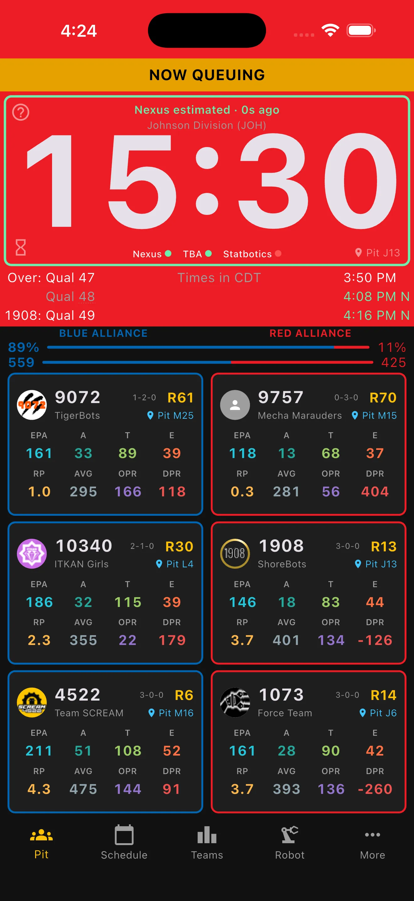 Pit screen showing NOW QUEUING with match countdown, alliance cards, and Statbotics win-probability bar