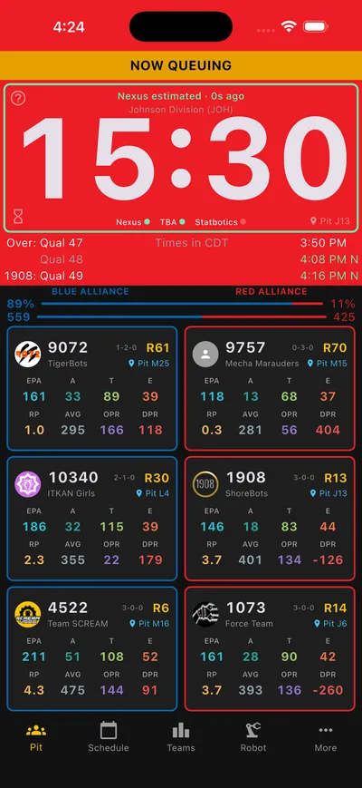Pit screen showing NOW QUEUING with match countdown, alliance cards, and Statbotics win-probability bar