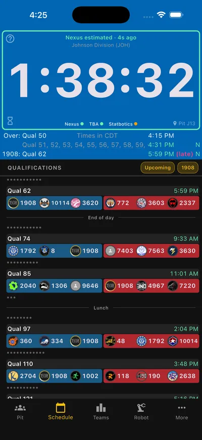 Schedule tab filtered to your team's matches, with upcoming and past qualifications