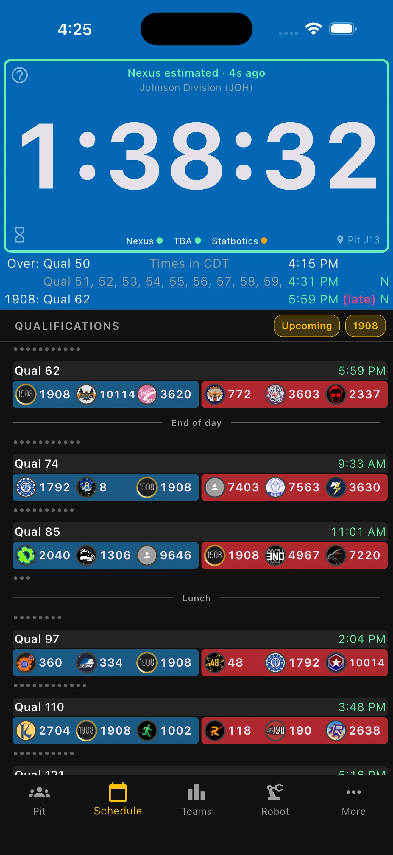 Schedule tab filtered to your team's matches, with upcoming and past qualifications