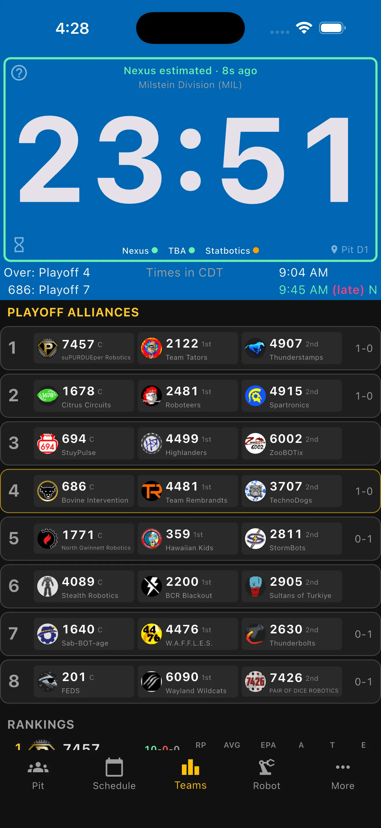 Teams tab during playoffs showing alliance seeds and rankings