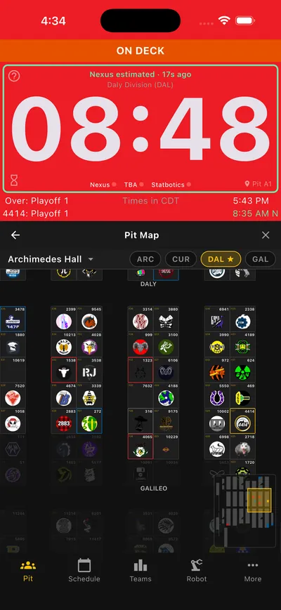Interactive pit map with team locations and division selector
