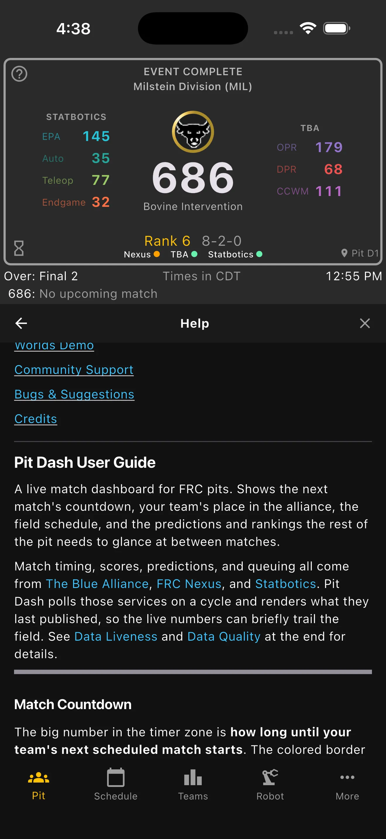 Built-in help guide explaining match countdown colors, data sources, and data quality