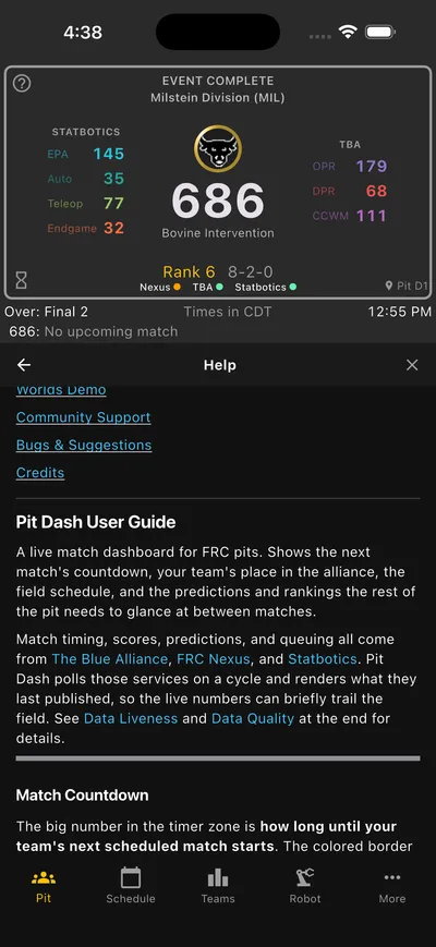 Built-in help guide explaining match countdown colors, data sources, and data quality
